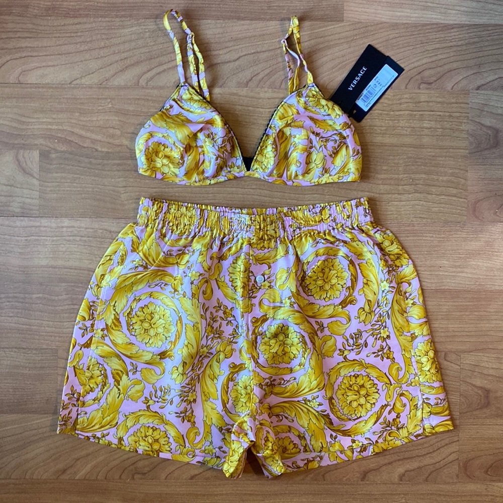 Versace Barocco Print Silk Bralette & Pajama Shorts Set